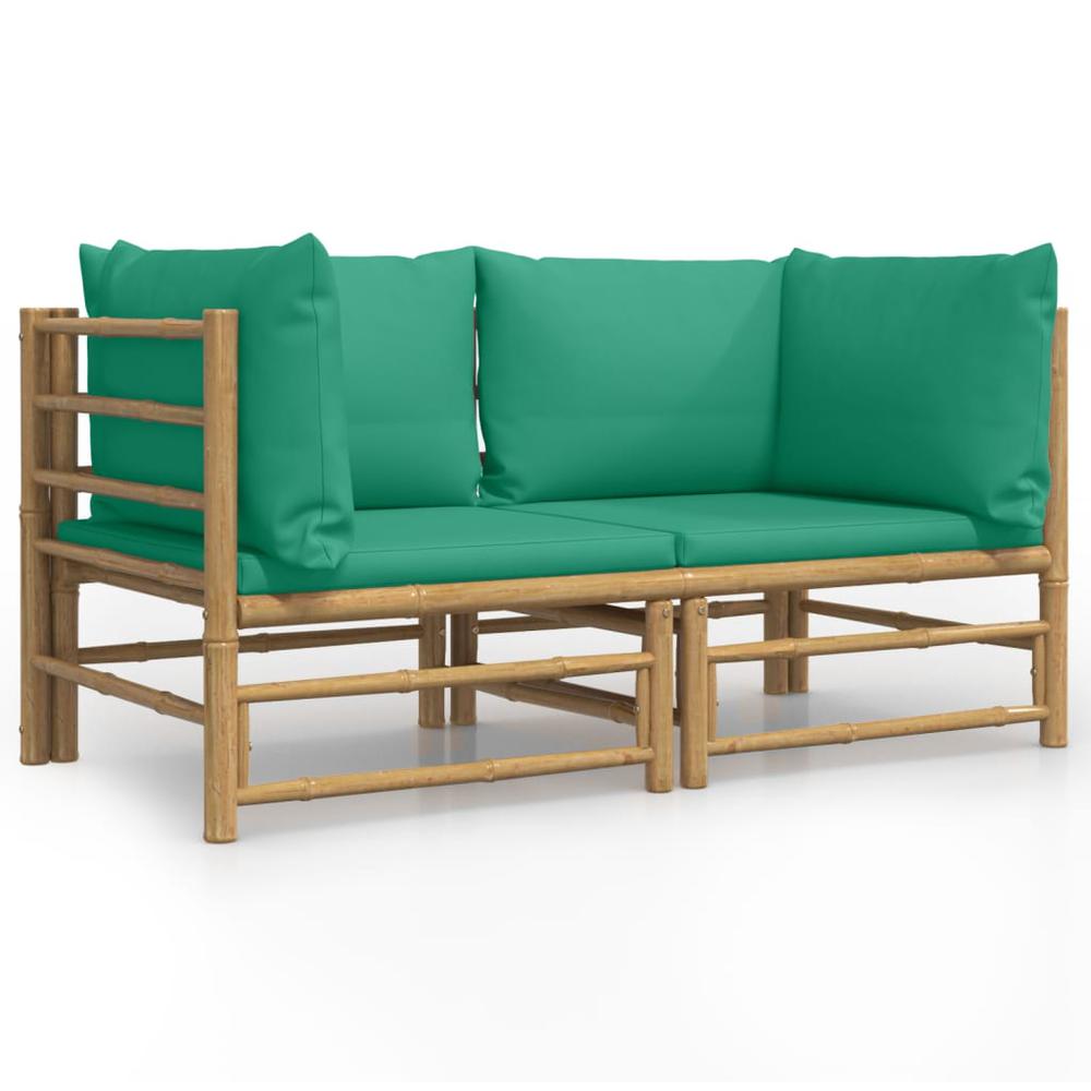 Patio Corner Sofas with Green Cushions 2 pcs Bamboo. Picture 1