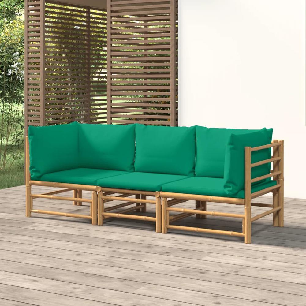 3 Piece Patio Lounge Set with Green Cushions Bamboo. Picture 7
