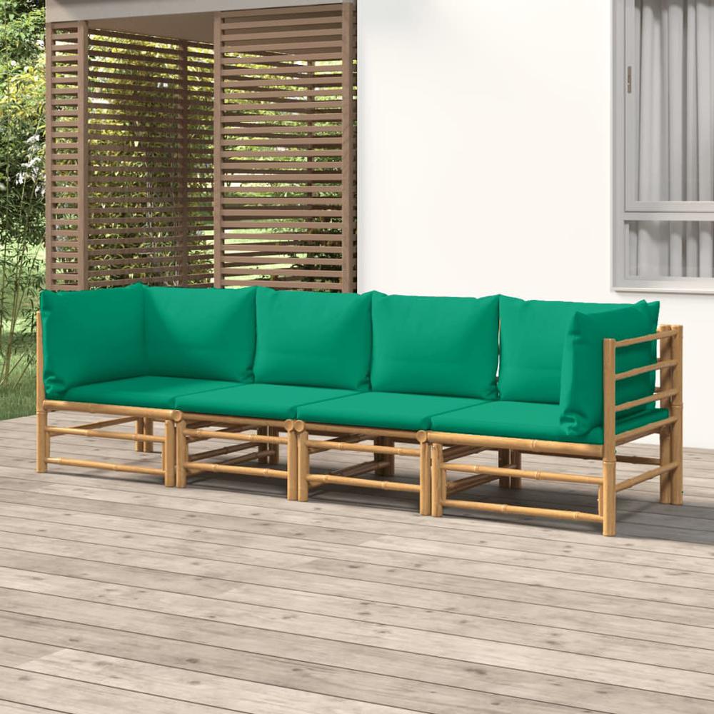 4 Piece Patio Lounge Set with Green Cushions Bamboo. Picture 7