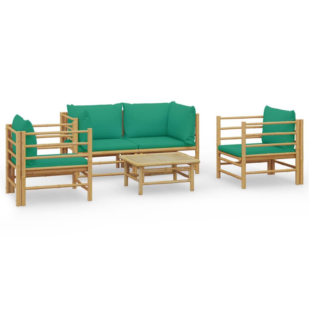 5 Piece Patio Lounge Set with Green Cushions Bamboo. Picture 1