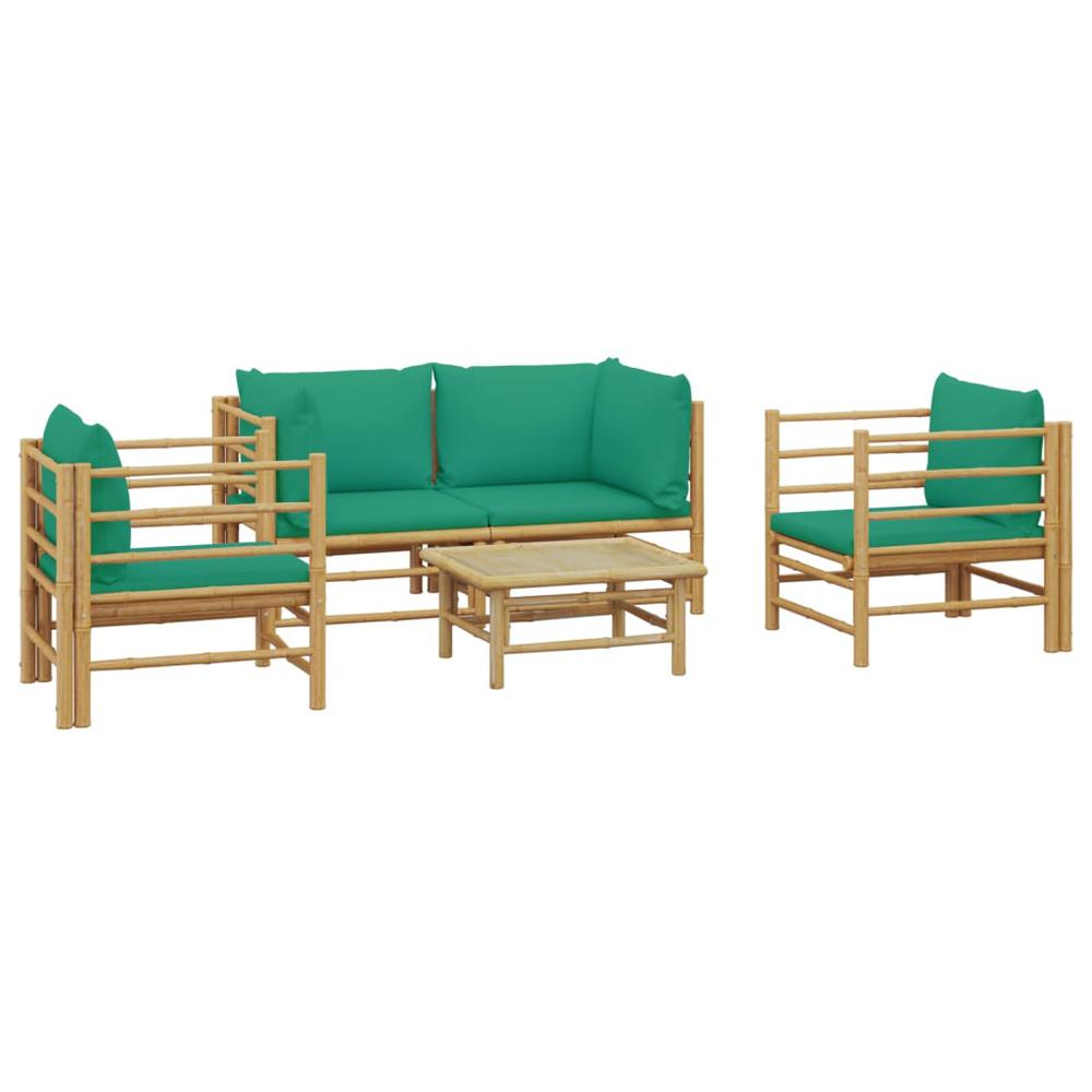 5 Piece Patio Lounge Set with Green Cushions Bamboo. Picture 2