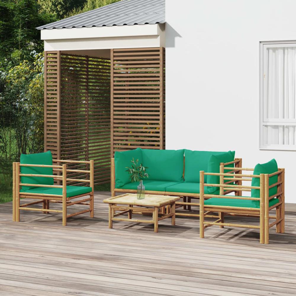 5 Piece Patio Lounge Set with Green Cushions Bamboo. Picture 9