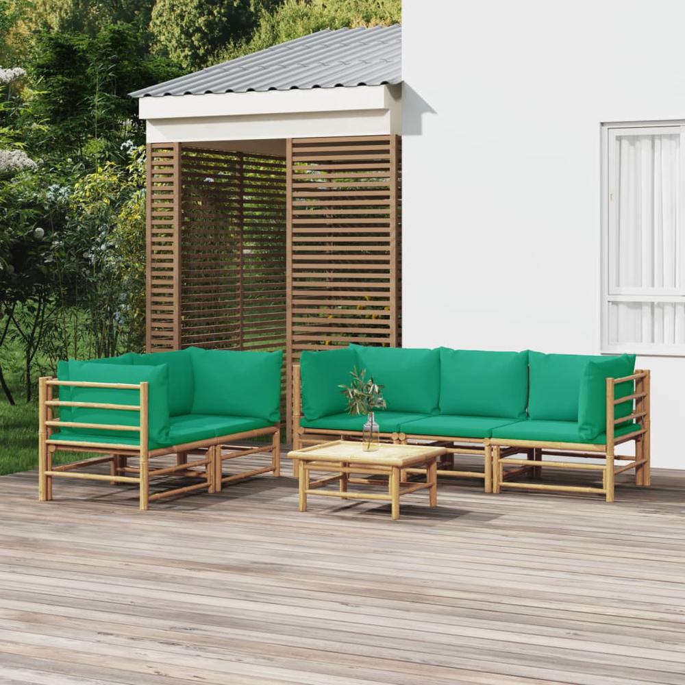 6 Piece Patio Lounge Set with Green Cushions Bamboo. Picture 9