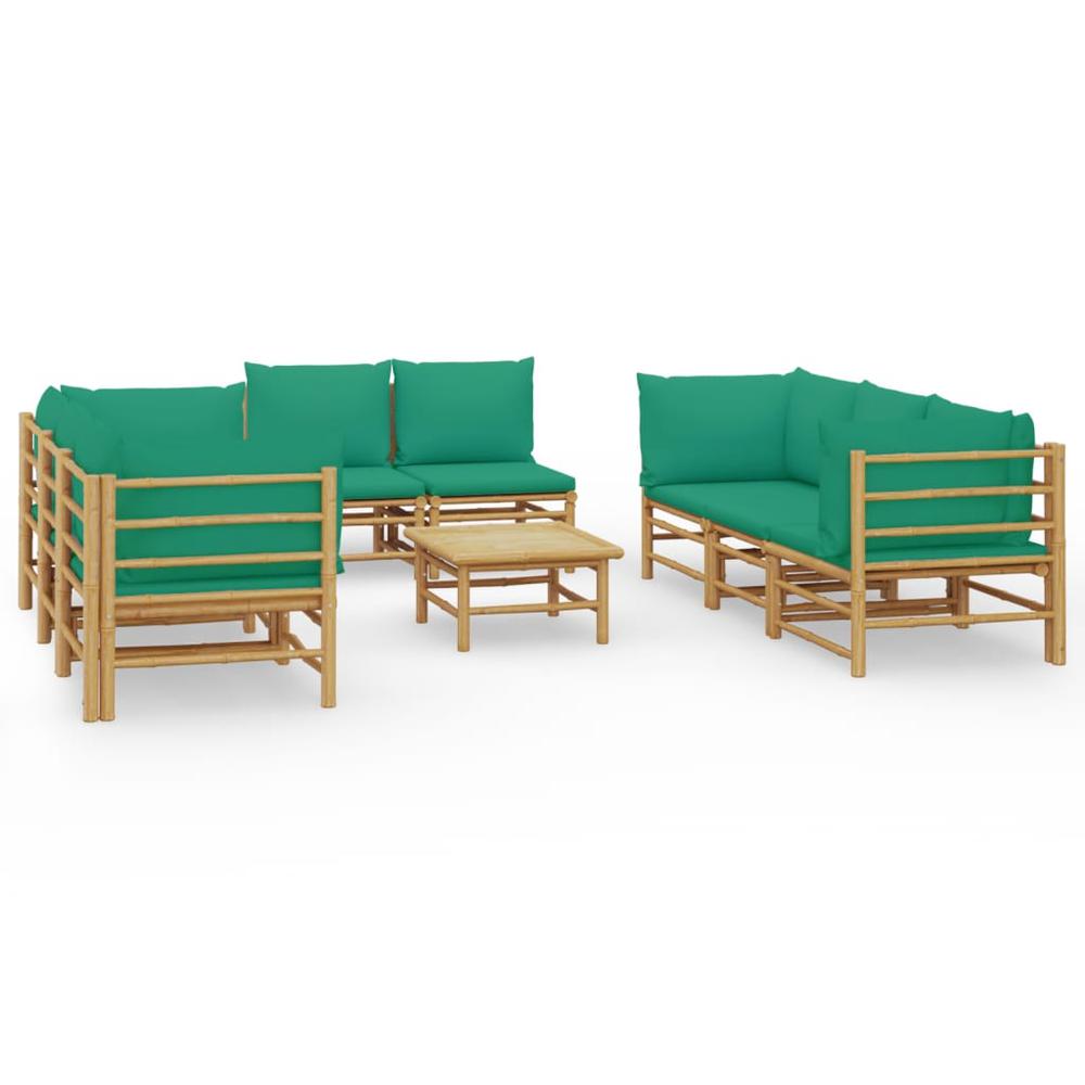 9 Piece Patio Lounge Set with Green Cushions Bamboo. Picture 1