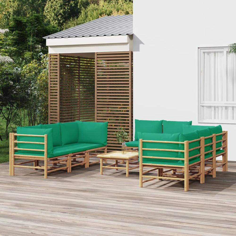 9 Piece Patio Lounge Set with Green Cushions Bamboo. Picture 9