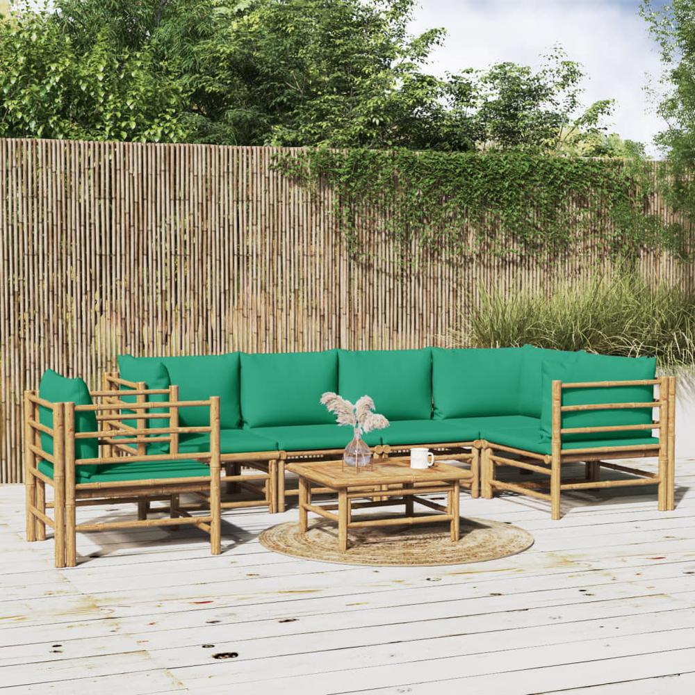 7 Piece Patio Lounge Set with Green Cushions Bamboo. Picture 11