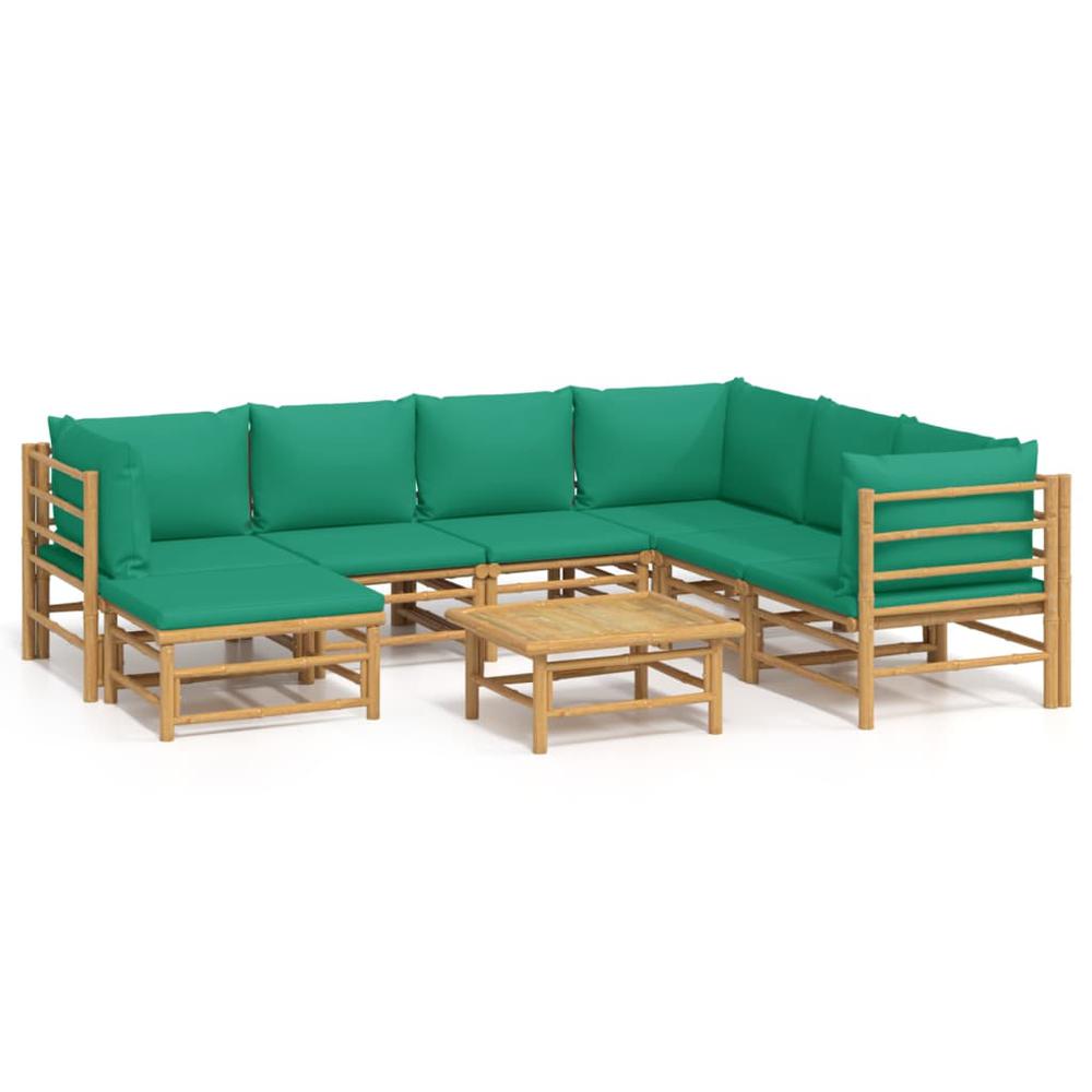 8 Piece Patio Lounge Set with Green Cushions Bamboo. Picture 1