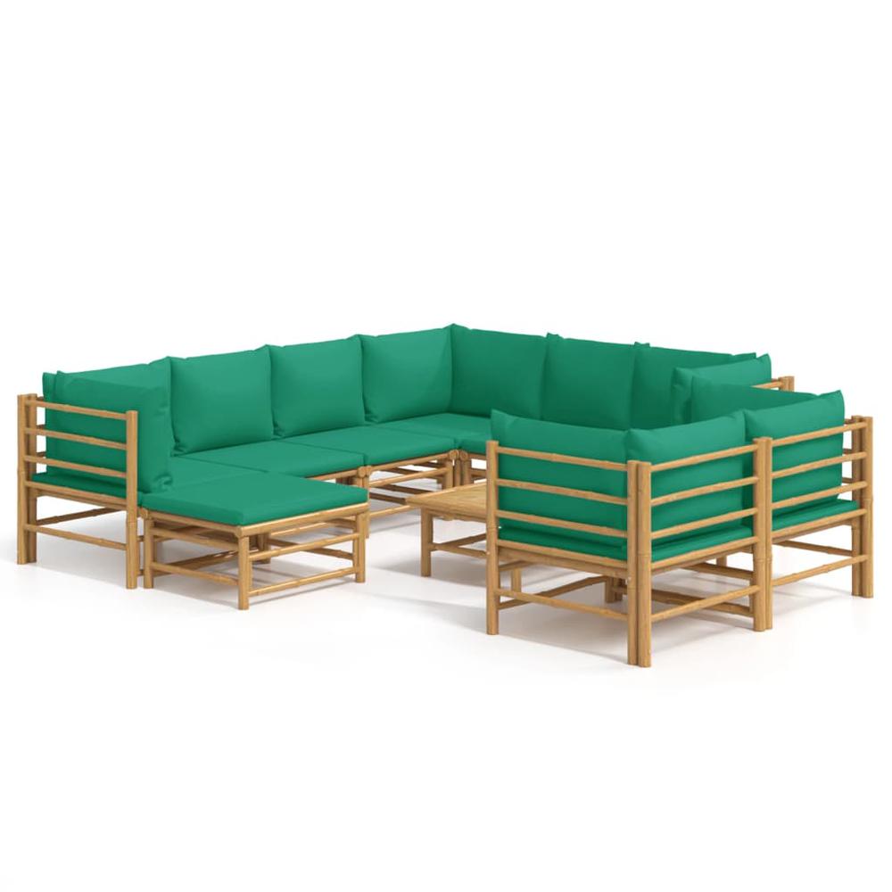 10 Piece Patio Lounge Set with Green Cushions Bamboo. Picture 1