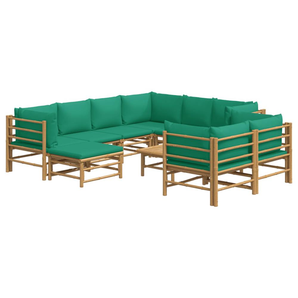 10 Piece Patio Lounge Set with Green Cushions Bamboo. Picture 2