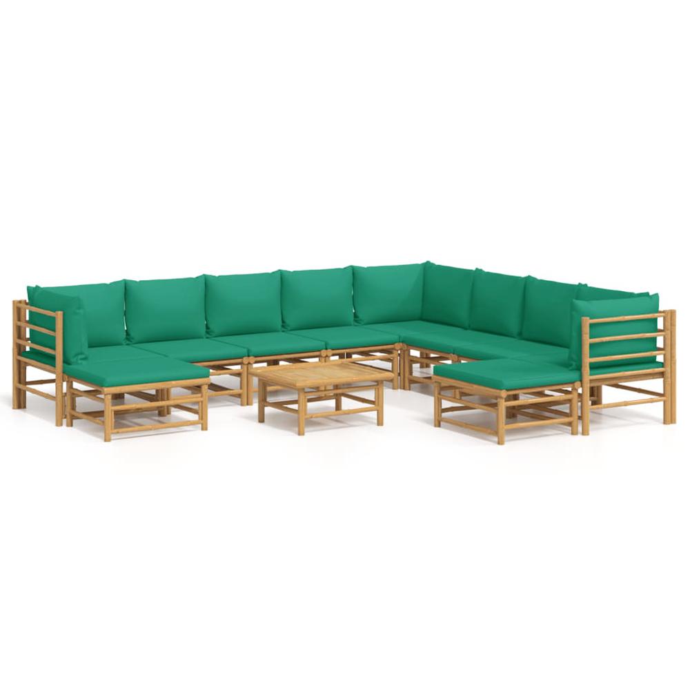11 Piece Patio Lounge Set with Green Cushions Bamboo. Picture 1