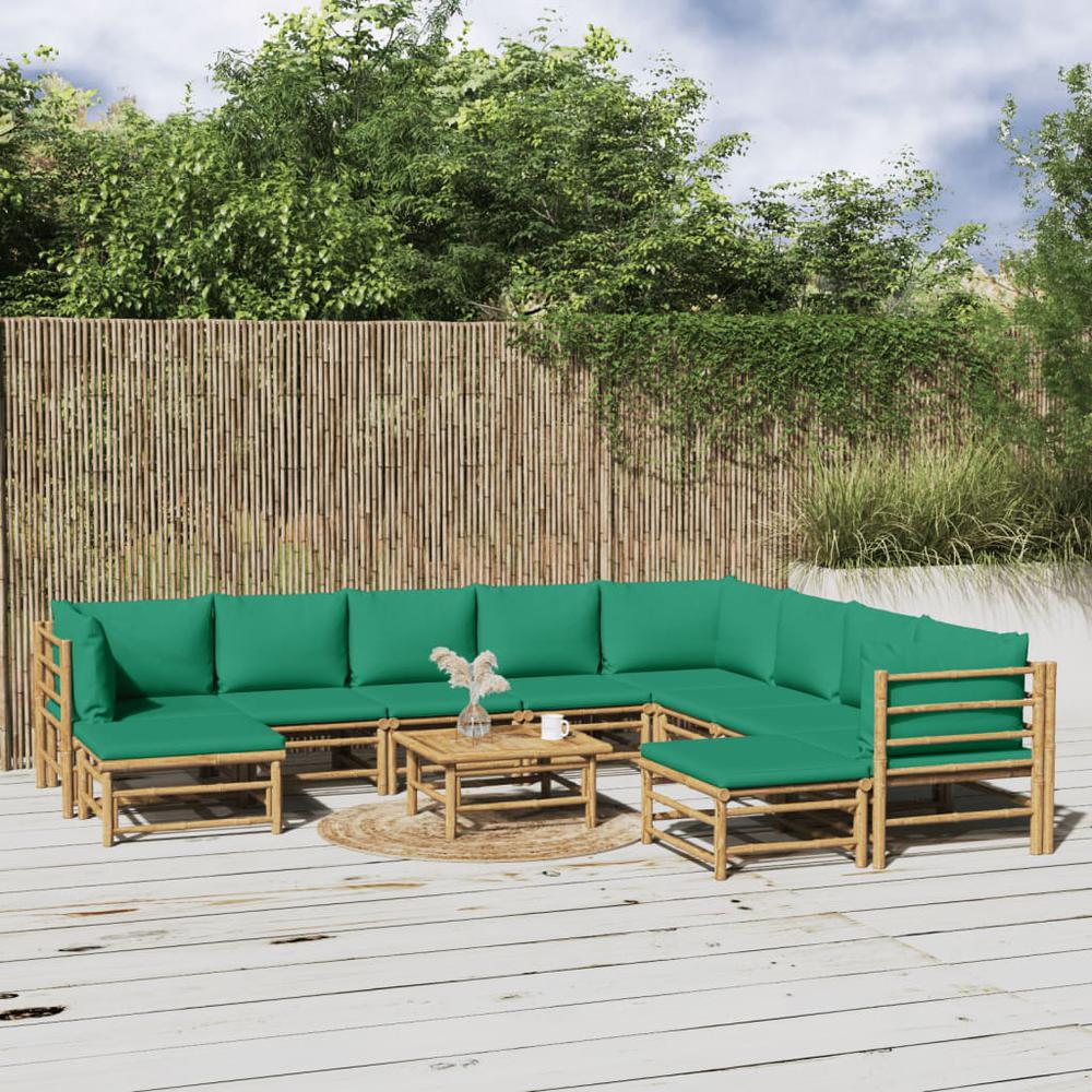 11 Piece Patio Lounge Set with Green Cushions Bamboo. Picture 11