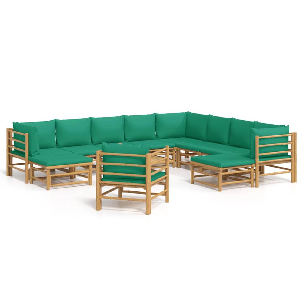 12 Piece Patio Lounge Set with Green Cushions Bamboo. Picture 1