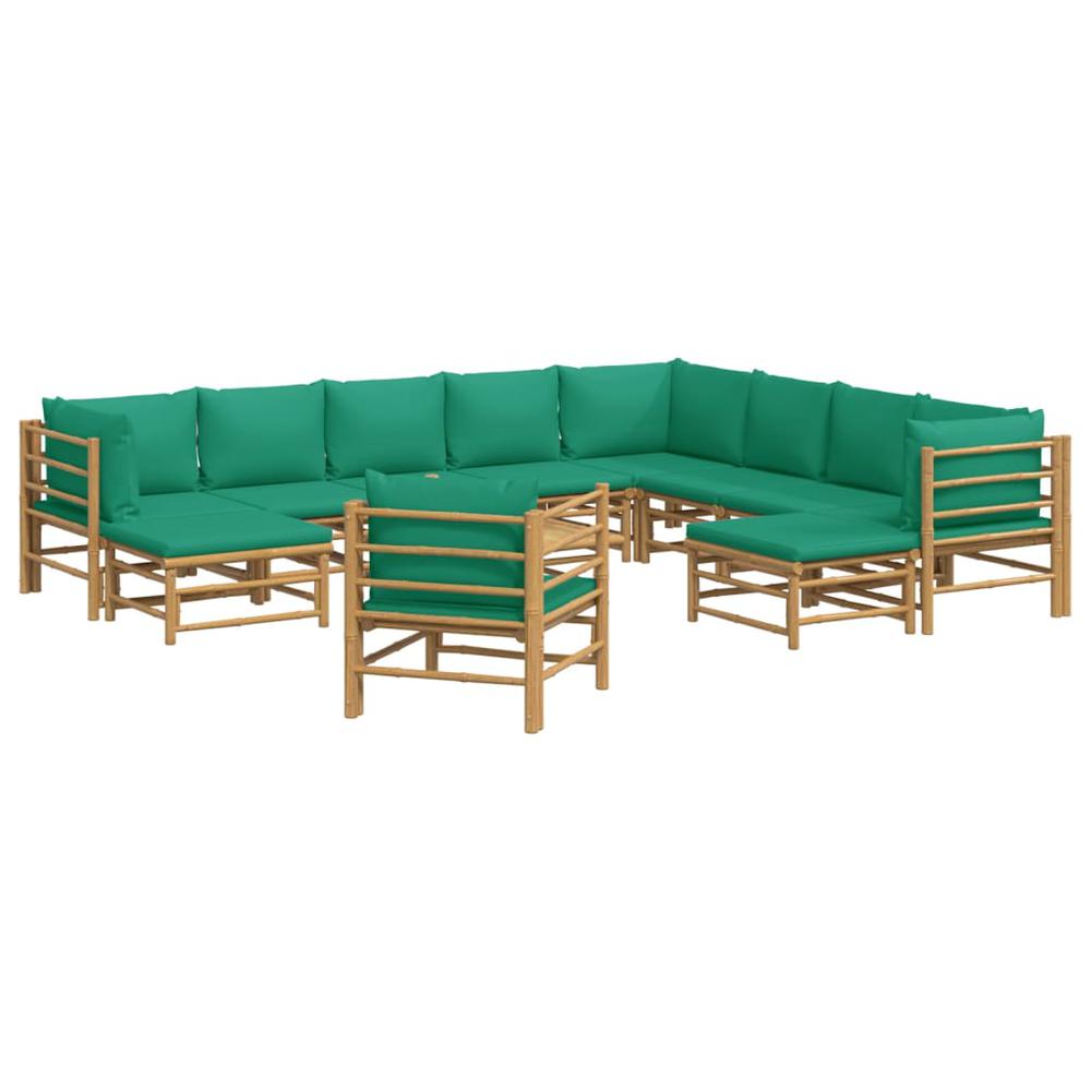 12 Piece Patio Lounge Set with Green Cushions Bamboo. Picture 2
