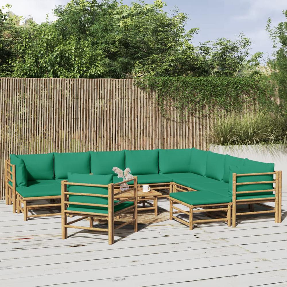 12 Piece Patio Lounge Set with Green Cushions Bamboo. Picture 12