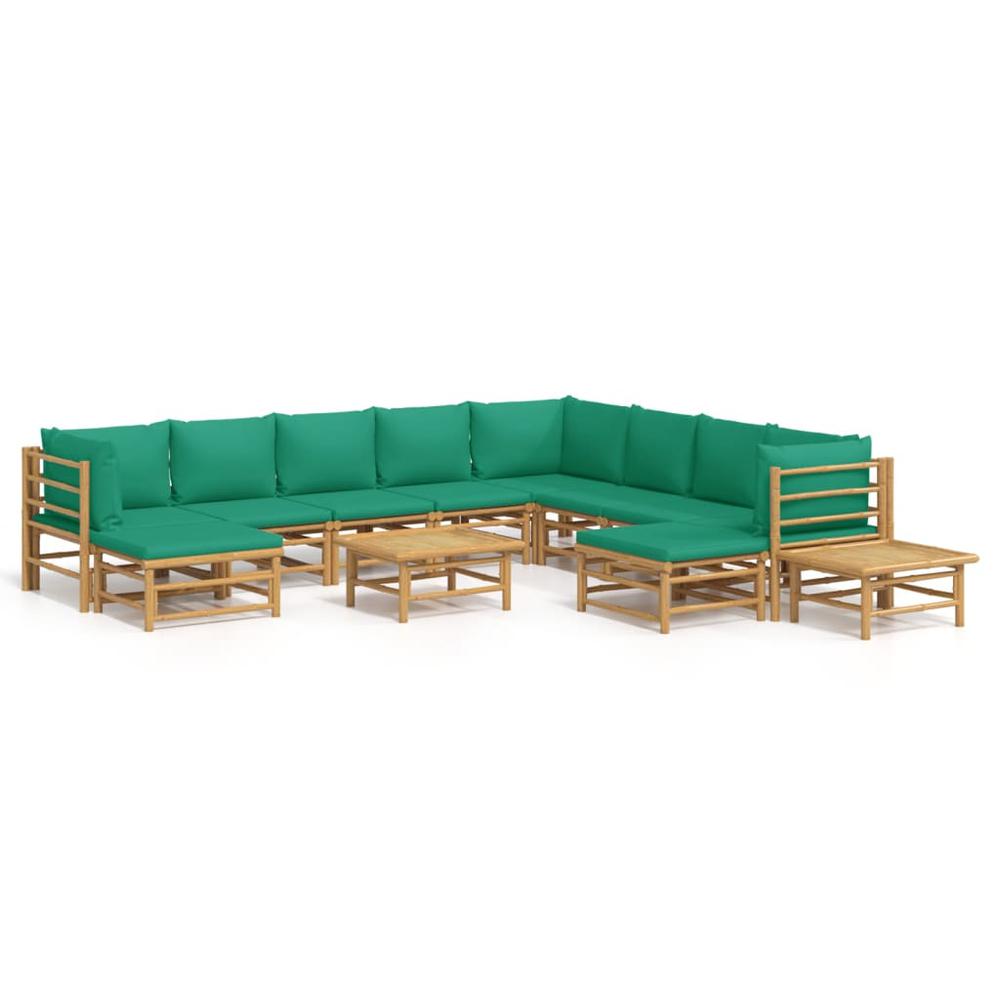 12 Piece Patio Lounge Set with Green Cushions Bamboo. Picture 1
