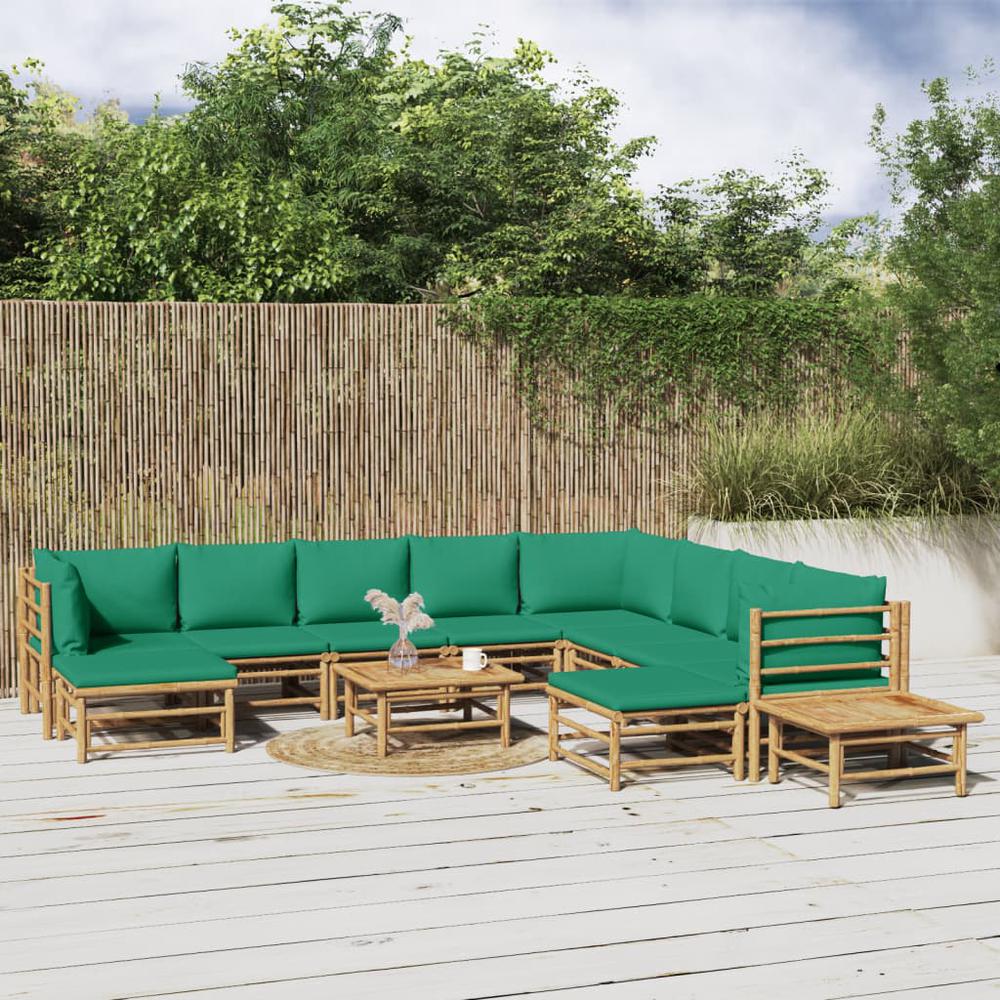 12 Piece Patio Lounge Set with Green Cushions Bamboo. Picture 11