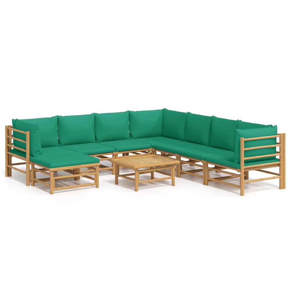 9 Piece Patio Lounge Set with Green Cushions Bamboo. Picture 1