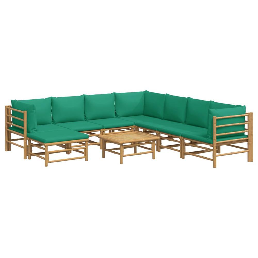 9 Piece Patio Lounge Set with Green Cushions Bamboo. Picture 2