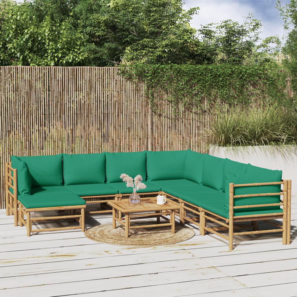 9 Piece Patio Lounge Set with Green Cushions Bamboo. Picture 11