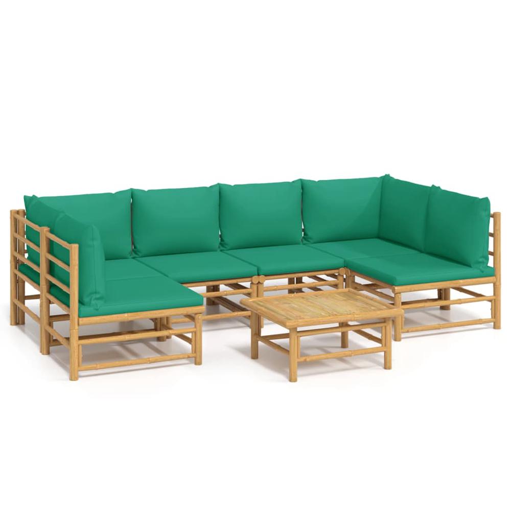 7 Piece Patio Lounge Set with Green Cushions Bamboo. Picture 1