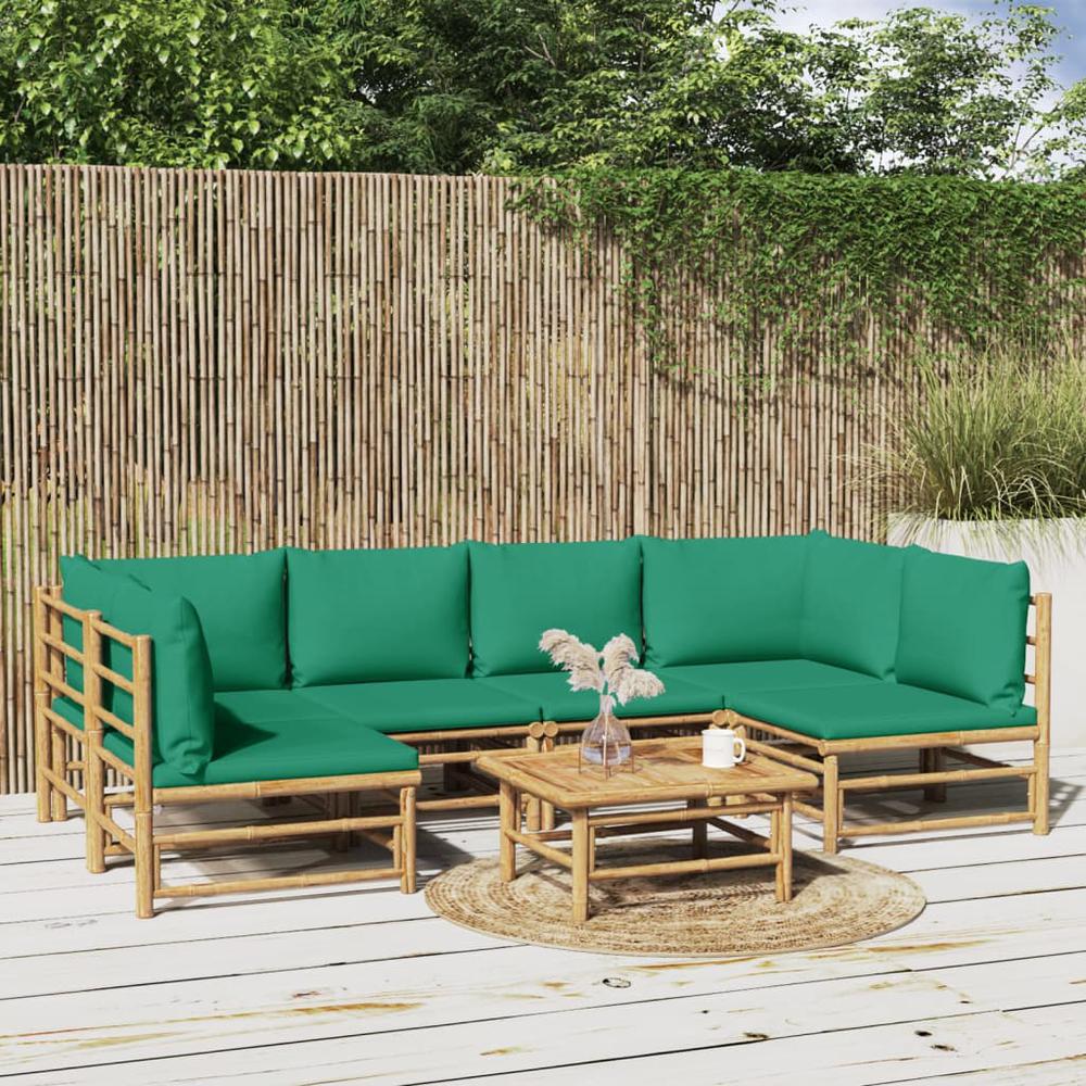 7 Piece Patio Lounge Set with Green Cushions Bamboo. Picture 9