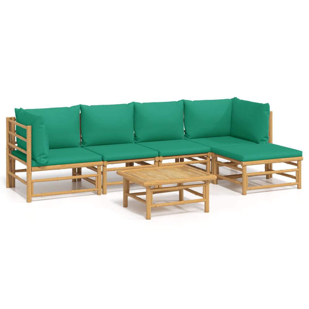 6 Piece Patio Lounge Set with Green Cushions Bamboo. Picture 1