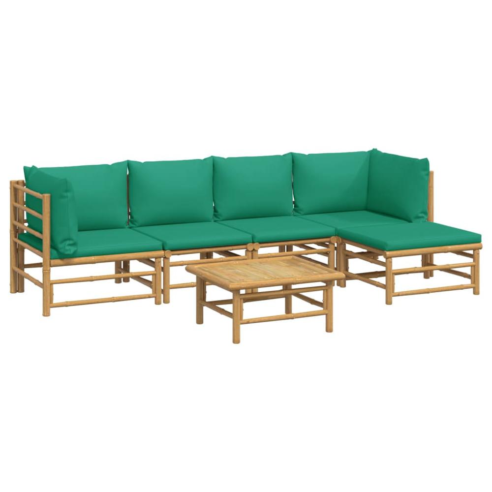 6 Piece Patio Lounge Set with Green Cushions Bamboo. Picture 2