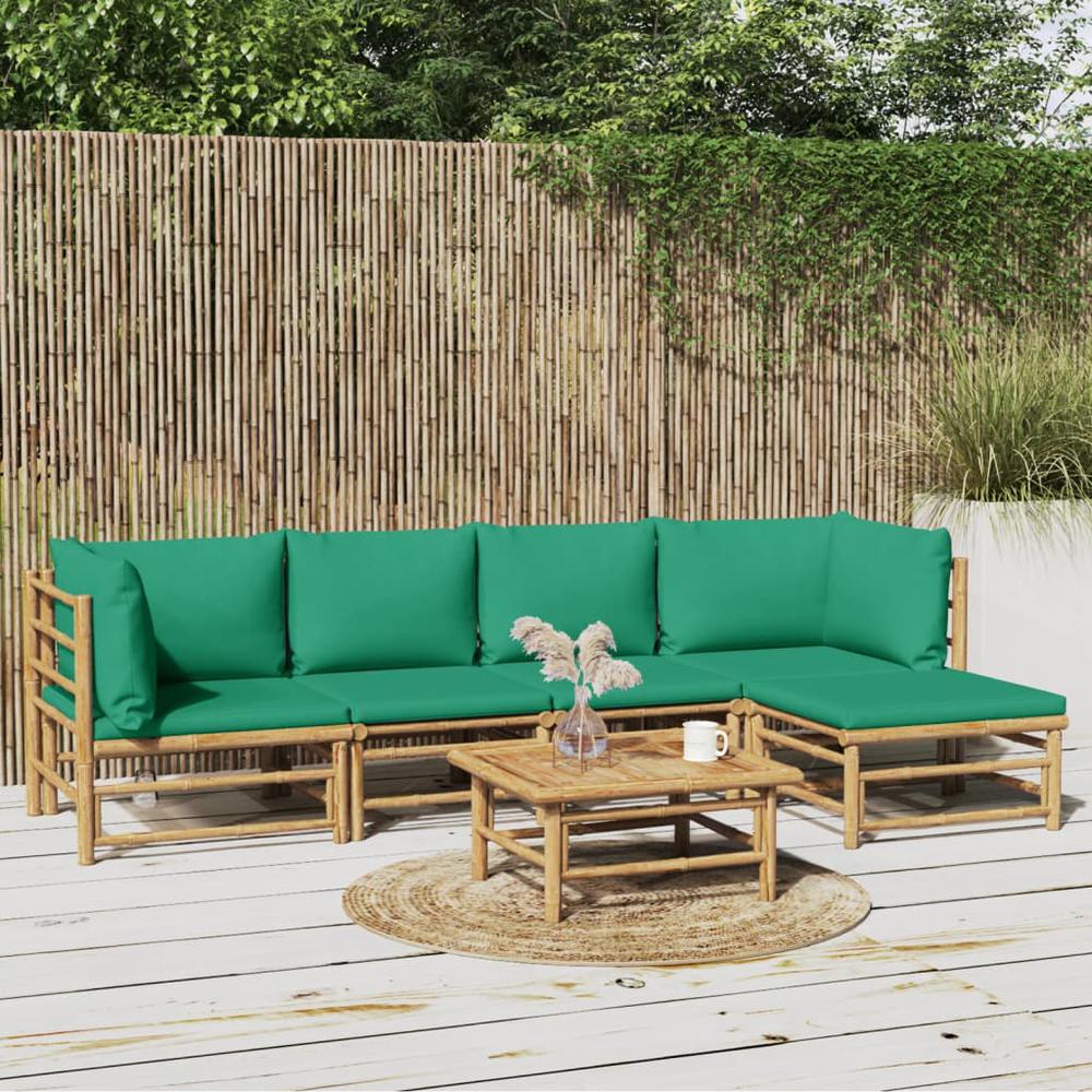6 Piece Patio Lounge Set with Green Cushions Bamboo. Picture 11