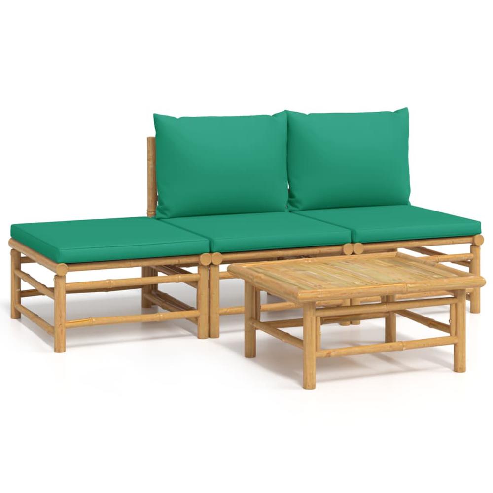 4 Piece Patio Lounge Set with Green Cushions Bamboo. Picture 1