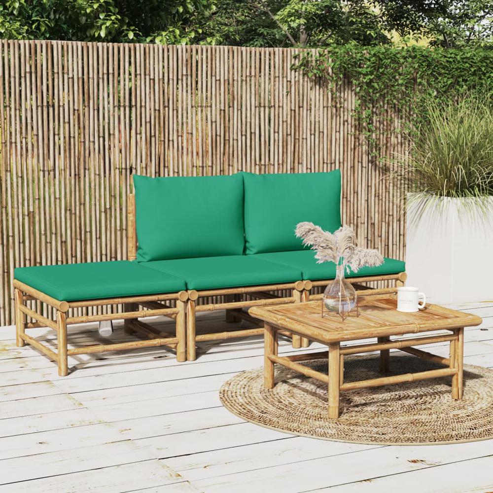 4 Piece Patio Lounge Set with Green Cushions Bamboo. Picture 9