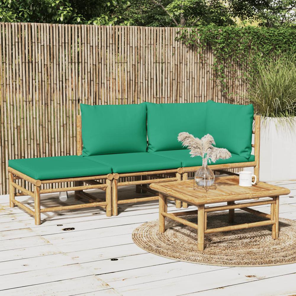 3 Piece Patio Lounge Set with Green Cushions Bamboo. Picture 9