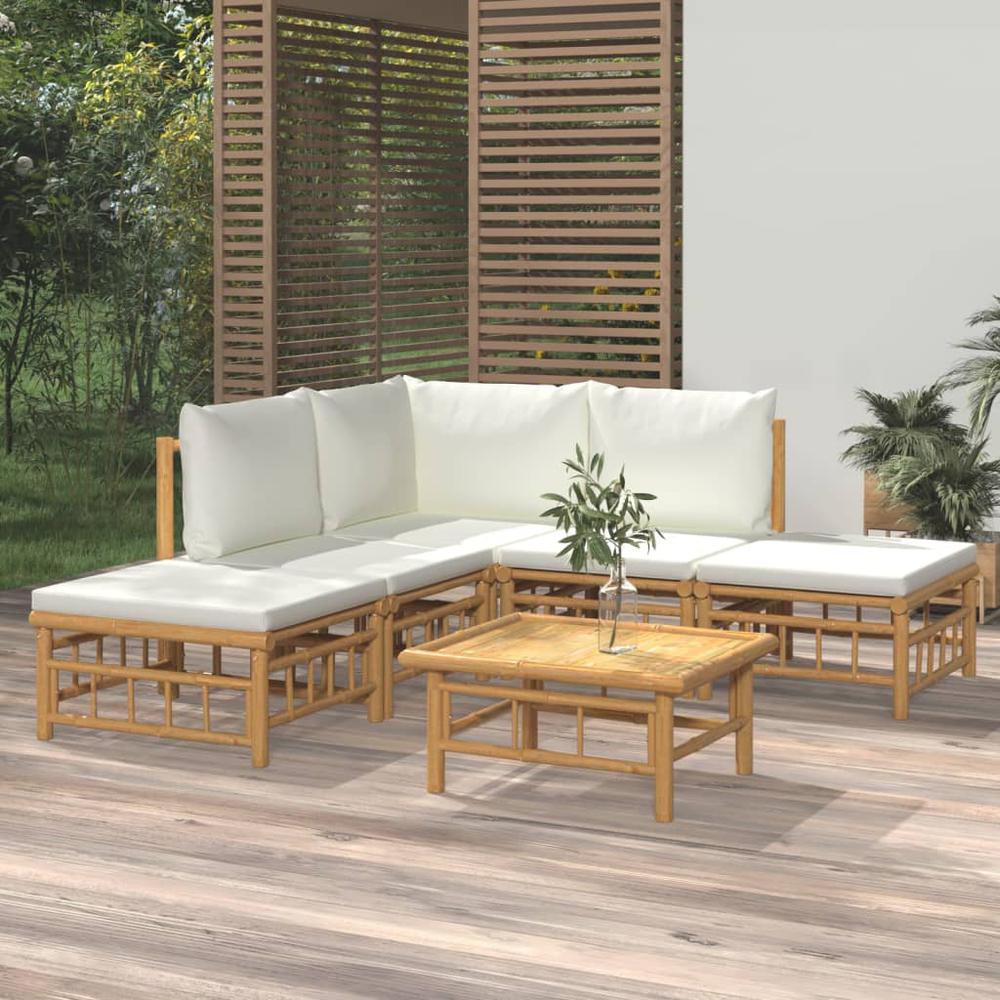 6 Piece Patio Lounge Set with Cream White Cushions Bamboo. Picture 11
