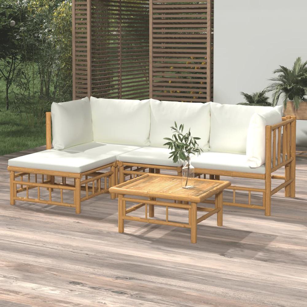 5 Piece Patio Lounge Set with Cream White Cushions Bamboo. Picture 11