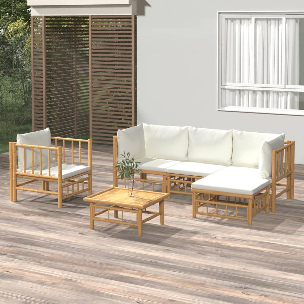 6 Piece Patio Lounge Set with Cream White Cushions Bamboo. Picture 12