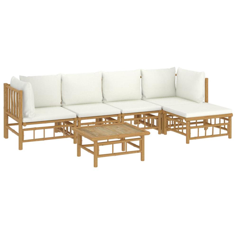 6 Piece Patio Lounge Set with Cream White Cushions Bamboo. Picture 2