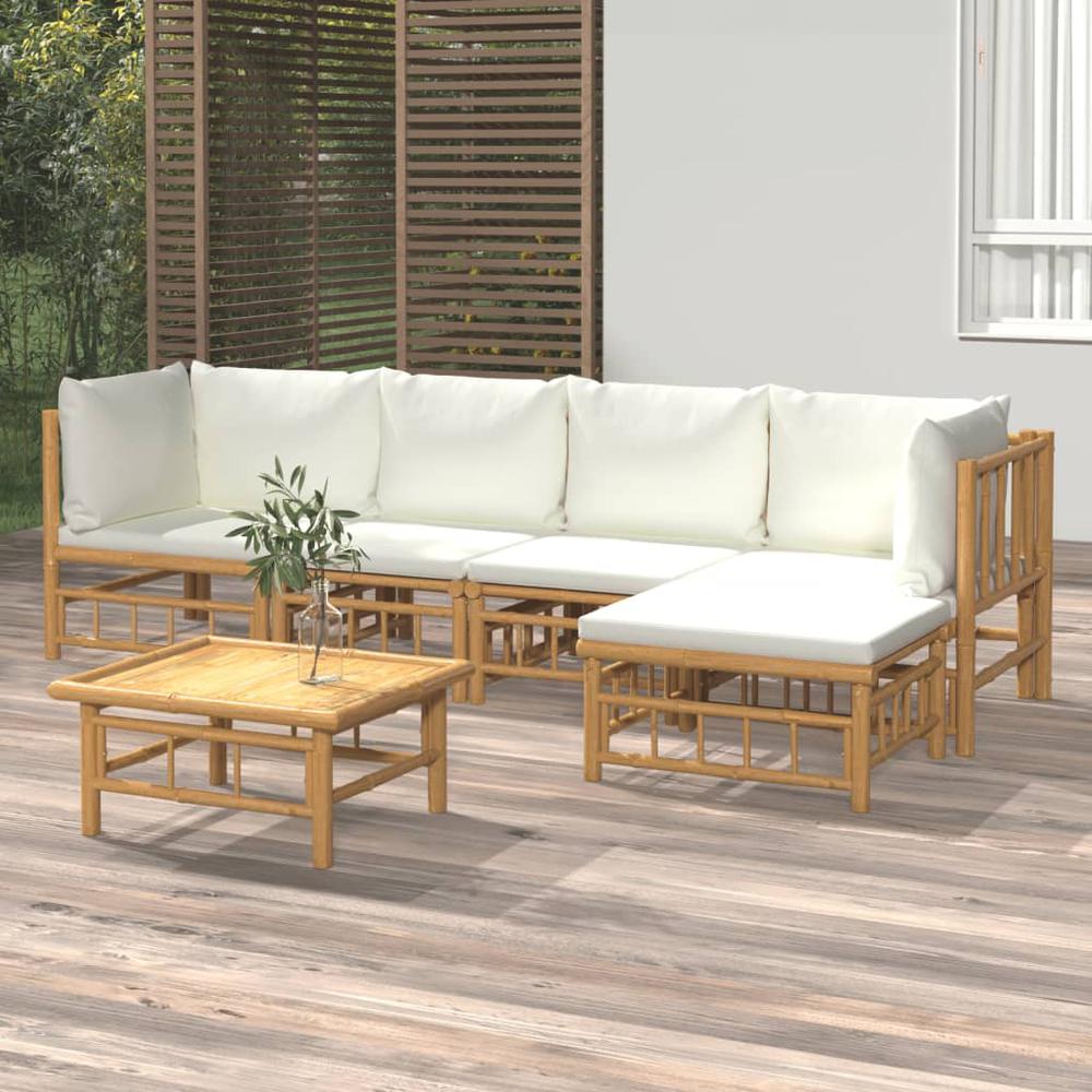 6 Piece Patio Lounge Set with Cream White Cushions Bamboo. Picture 11