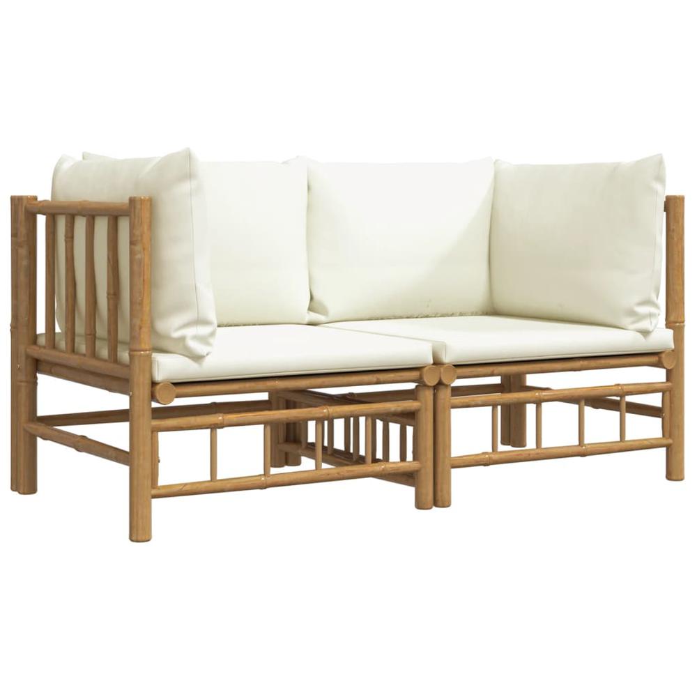 Patio Corner Sofas with Cream White Cushions 2 pcs Bamboo. Picture 2
