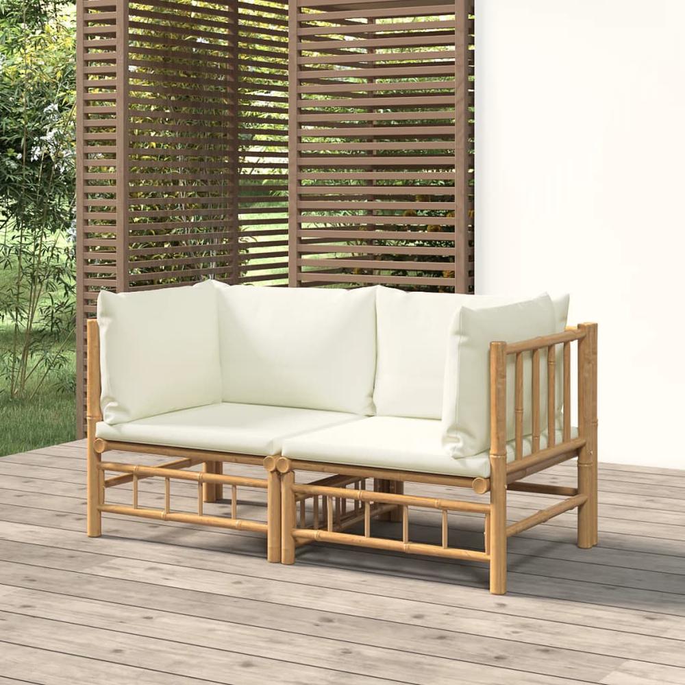 Patio Corner Sofas with Cream White Cushions 2 pcs Bamboo. Picture 6