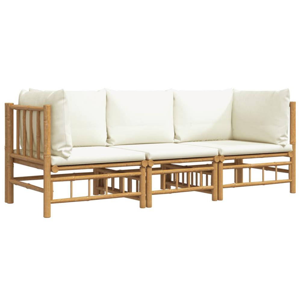 3 Piece Patio Lounge Set with Cream White Cushions Bamboo. Picture 2