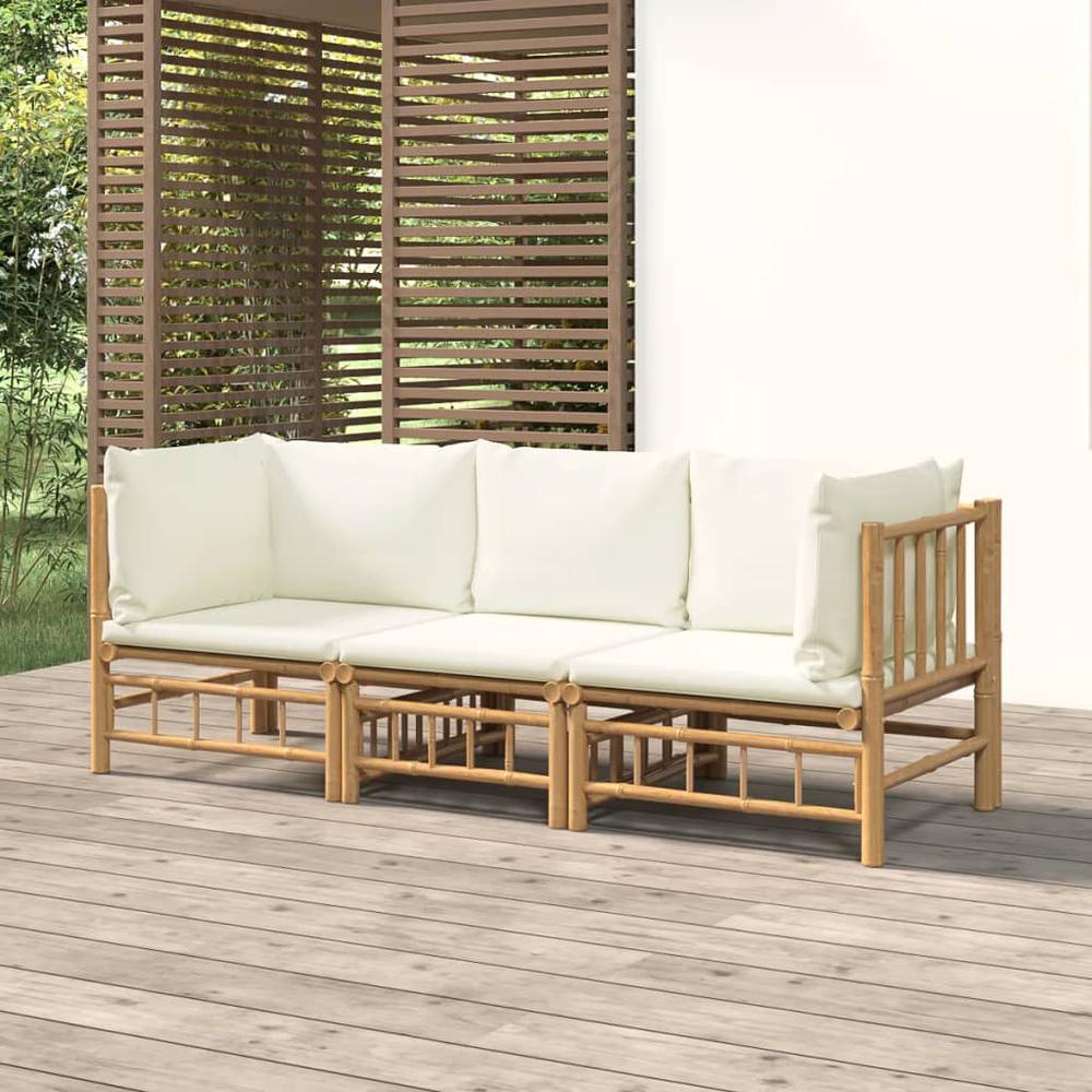 3 Piece Patio Lounge Set with Cream White Cushions Bamboo. Picture 7