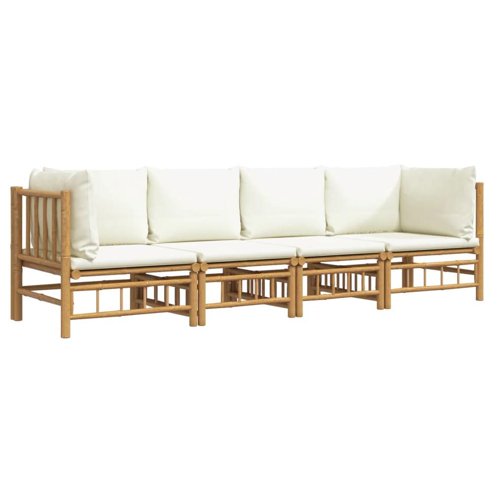 4 Piece Patio Lounge Set with Cream White Cushions Bamboo. Picture 2