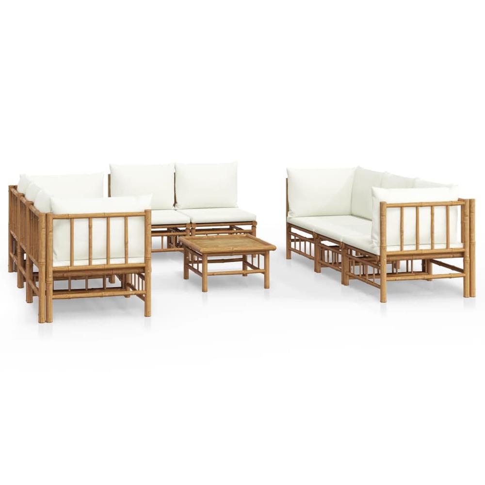 9 Piece Patio Lounge Set with Cream White Cushions Bamboo. Picture 1