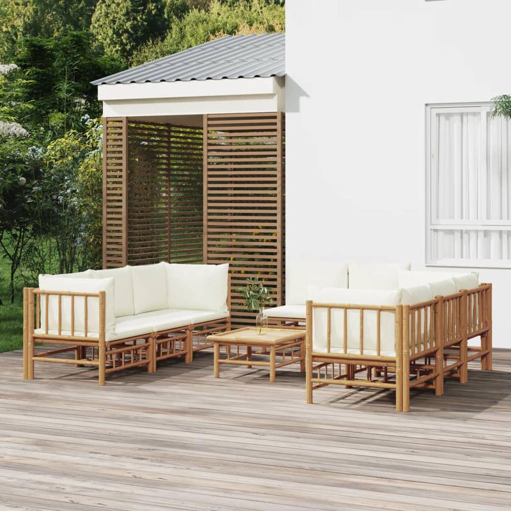 9 Piece Patio Lounge Set with Cream White Cushions Bamboo. Picture 9