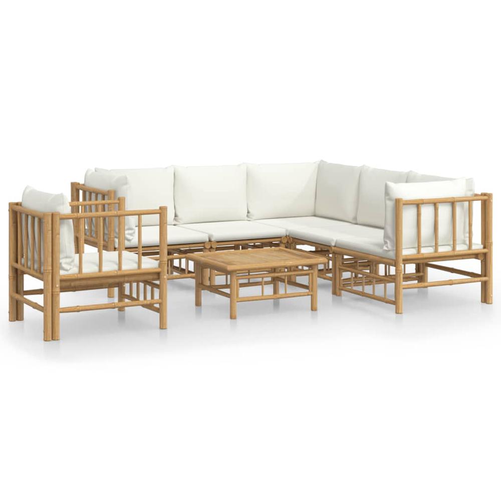 7 Piece Patio Lounge Set with Cream White Cushions Bamboo. Picture 1