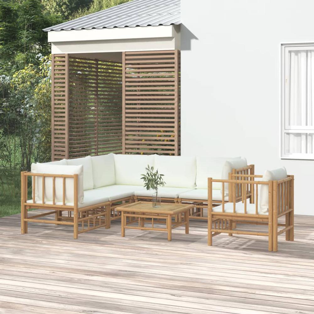 7 Piece Patio Lounge Set with Cream White Cushions Bamboo. Picture 11