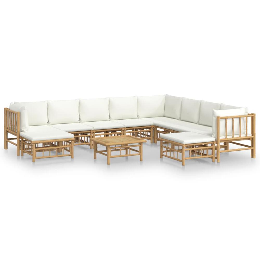 11 Piece Patio Lounge Set with Cream White Cushions Bamboo. Picture 1