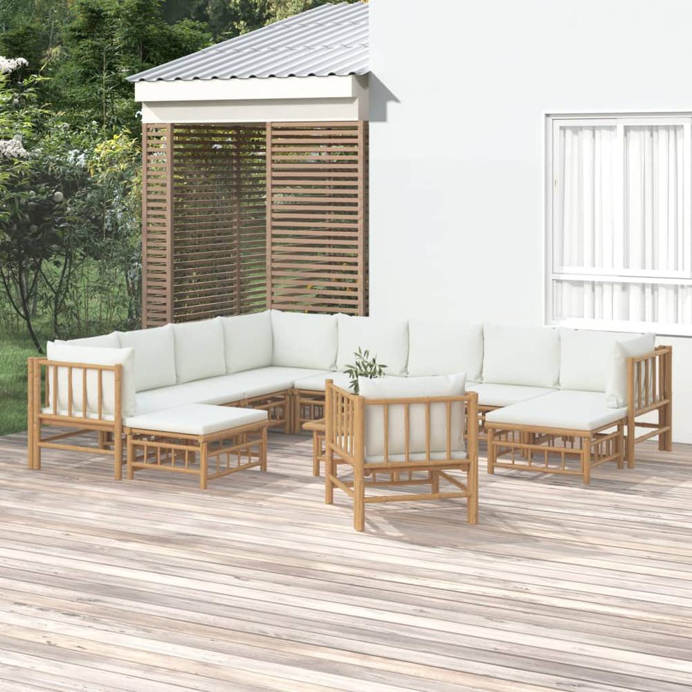 12 Piece Patio Lounge Set with Cream White Cushions Bamboo. Picture 12