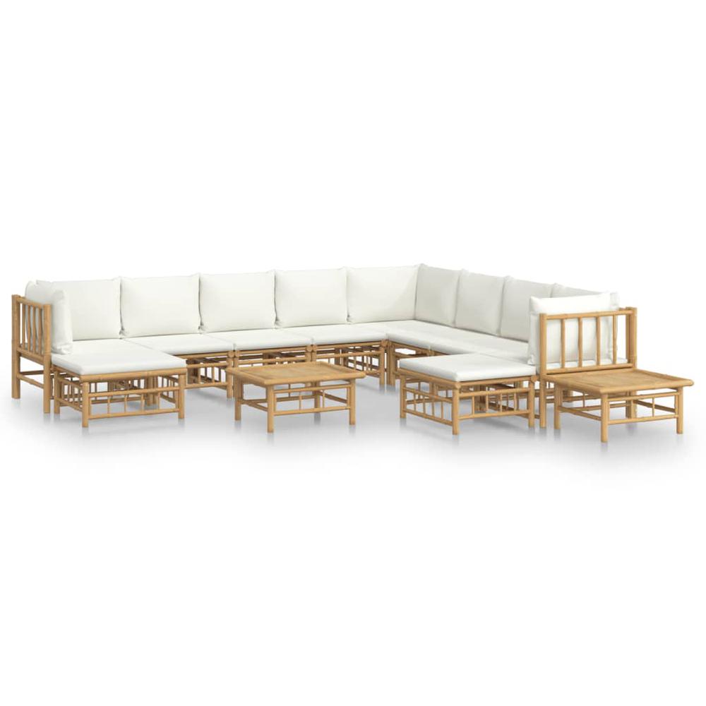 12 Piece Patio Lounge Set with Cream White Cushions Bamboo. Picture 1