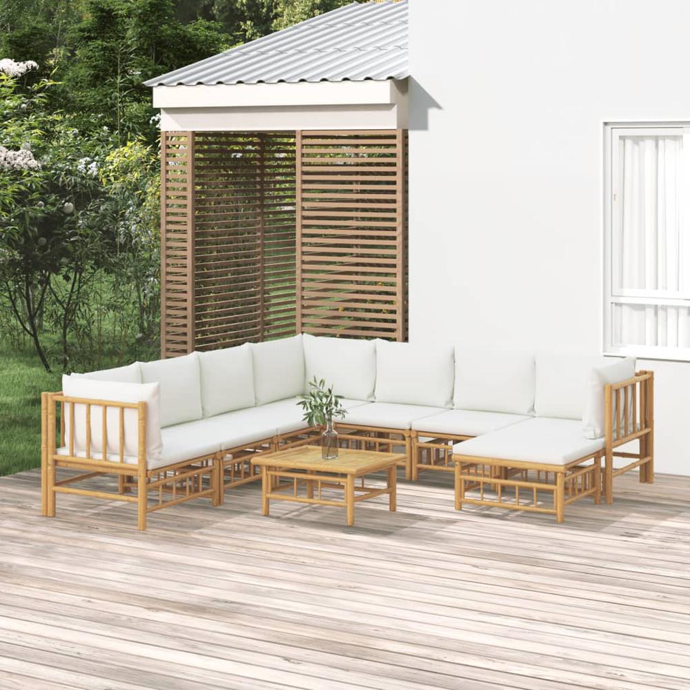 9 Piece Patio Lounge Set with Cream White Cushions Bamboo. Picture 11
