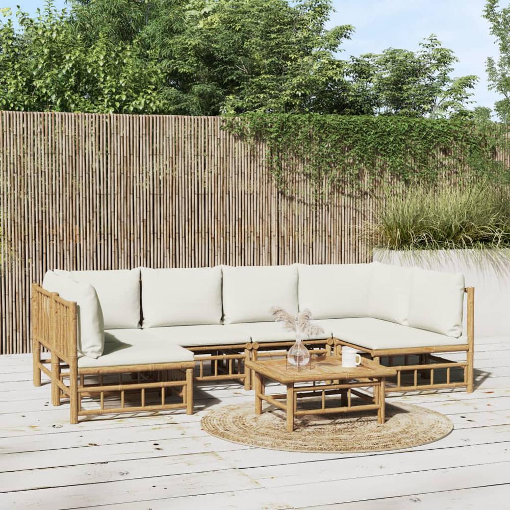 7 Piece Patio Lounge Set with Cream White Cushions Bamboo. Picture 9